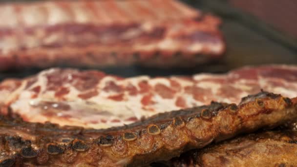 Mięso Uliczne Jedzenie Zbliżenie Grillowane Mięso Szaszłyk Smażone Żebra Gotowanie — Wideo stockowe