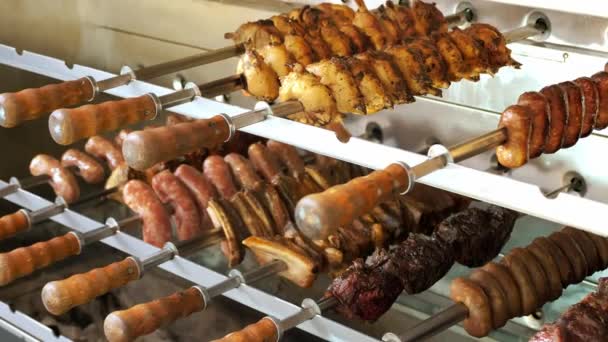 Carne Grelhada Shashlik Kebabs Shish Close Carne Frita Espetos Comida — Vídeo de Stock