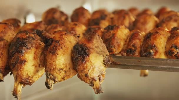 Grilled Meat Sausages Shashlik Close Fried Meat Skewers Street Food — Stock Video