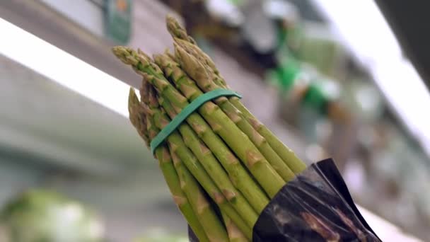 아스파라거스 Officinalis 슈퍼마켓에서 녹색과 신선한 아스파라거스 클로즈업 여자는 슈퍼마켓에서 아스파라거스를 — 비디오
