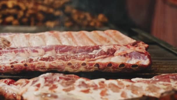 街头食物 Shashlik 炸排骨B 烤肉生火 在绞架上煎肉 鸡肉沙地 粮食市场 — 图库视频影像