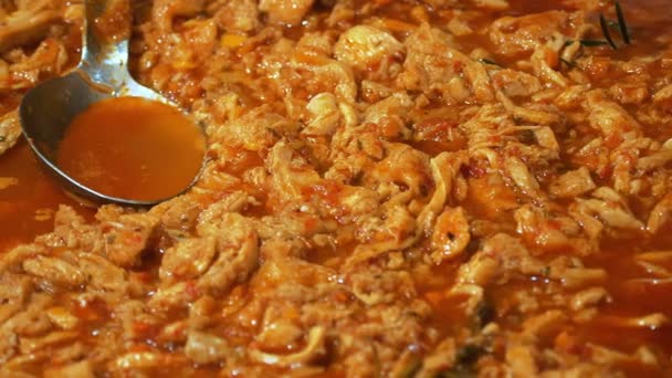 红咖喱鸡 靠近点辣的热菜 香辣番茄酱中的烤鸡肉 在一个大锅里 煮鸡汤 — 图库视频影像