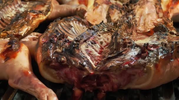 街头食物 刚准备好的幼猪尸体 用吐司烤过 烤肉生火 食品节 户外烹调 公平的 Shashlik 炸排骨食物 — 图库视频影像