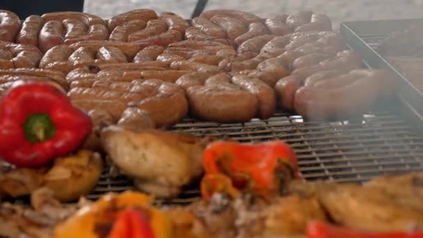 Grillując Mięso Nad Spalaniem Węgla Grillowane Warzywa Zbliżenie Mięso Kurczaka — Wideo stockowe