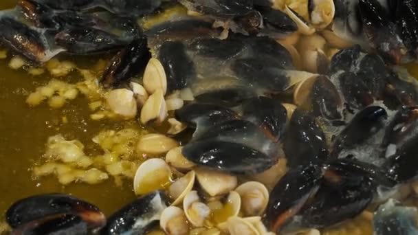シーフードを調理する クローズアップ 大きな覚醒でオリーブオイルのニンニクのムールと貝を揚げる — ストック動画