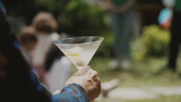 一个女人的手拿着一个马提尼杯子 一杯马提尼在阳光下 户外野餐 阳光灿烂的夏日 家庭假期 — 图库视频影像