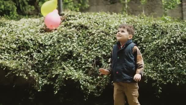 Aranyos Kisfiú Szabadtéri Gyerekbuli Egy Fiú Felfújható Lufival Játszik Parkban — Stock videók