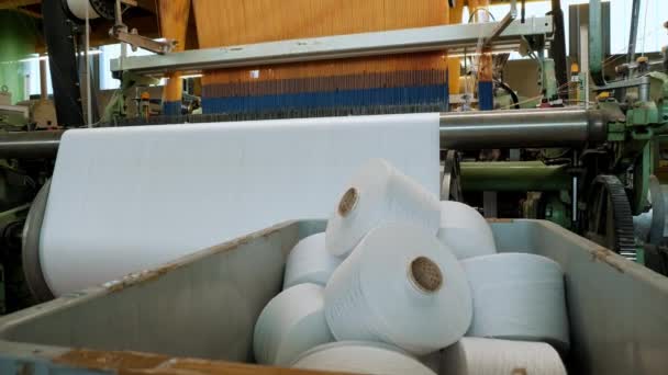 Dokuma Makinesi Bir Tekstil Fabrikasında Endüstriyel Dokuma Tezgahı Makinesi Çalışıyor — Stok video