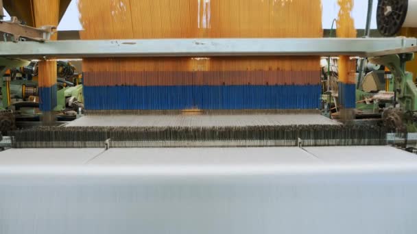 织机的设备 工业编织机在一个纺织厂的工作过程中 一种工业机器正在把织造的织物卸下 织毛衣织物生产厂 — 图库视频影像