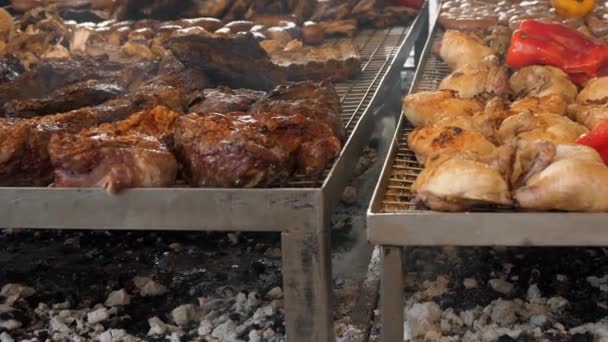 Grillując Mięso Nad Spalaniem Węgla Grillowane Warzywa Zbliżenie Pieczone Żeberka — Wideo stockowe