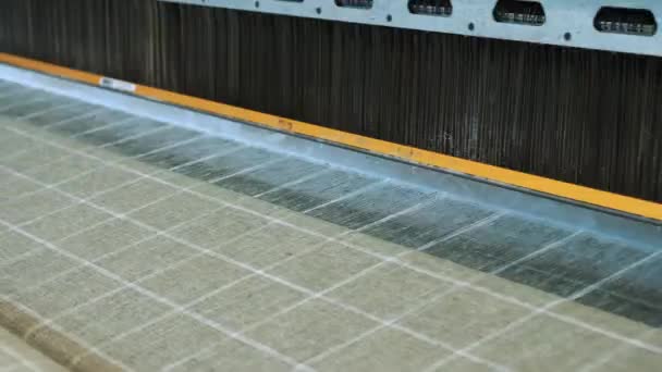 織機を織る テキスタイル工場設備 クローズアップ 自動織機は糸の布を製造しています 工場を編むこと テキスタイル産業 ファブリック生産 — ストック動画
