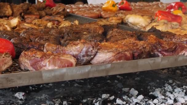 Grillując Mięso Nad Spalaniem Węgla Grillowane Warzywa Zbliżenie Pieczone Żeberka — Wideo stockowe