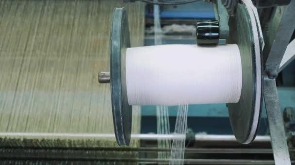 Tecelagem Tear Uma Fábrica Têxteis Close Processo Trabalho Carretel Grande — Vídeo de Stock