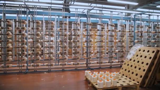 Carretes Hilo Taller Fábrica Textil Industrial Bastidores Con Muchos Carretes — Vídeo de stock