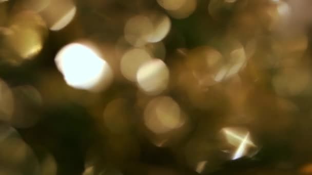ボケのクリスマスの装飾 ライト ブレリー効果 ゴールデン タンデス クローズアップ 多色のボケのライトで輝く光 お祝いのクリスマス雰囲気 — ストック動画