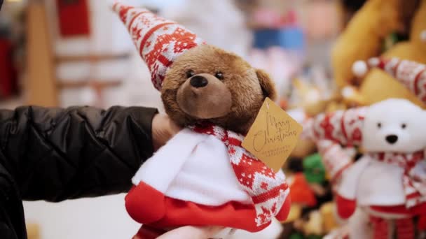 クリスマスのテディベア おもちゃ クリスマスの装飾 アクセサリー ショッピング クローズアップ クリスマスの装飾 テディベア おもちゃを手に持っている女性 冬のためのお祝いのアクセサリーの選択と購入 — ストック動画