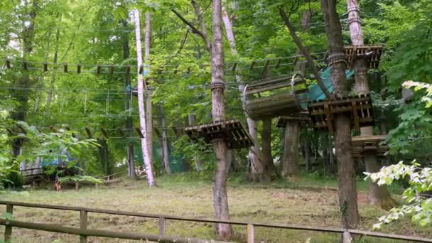 Лісовий Мотузковий Парк Курс Перешкод Зроблений Нейлоновими Скелелазіннями Прив Язаними — стокове відео