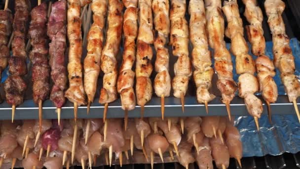 Carne Frita Espeto Shashlik Shish Kebab Close Cozido Carne Porco — Vídeo de Stock