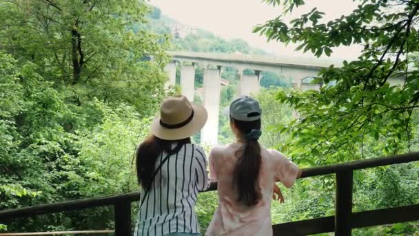Kız Güzel Bir Manzaraya Bakıyor Anne Kızı Parkta Yaz Dağlar — Stok video