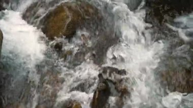 Deresi, deresi ya da küçük ve hızlı bir dağ nehri ve kristal berrak akan su. Yakın plan. Üst Manzara. Kaynak, kaynak suyu. Yaz günü. Su taşların üzerinden akar, dağlarda, dağlarda.