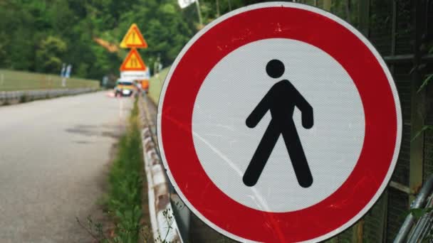 Road Sign Indicating Possibility Pedestrian Movement Bridge Close Black Silhouette — Stock Video
