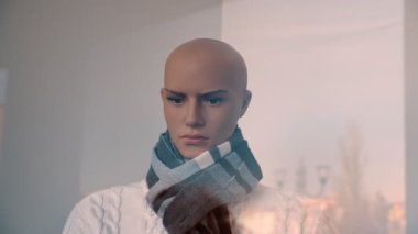 Manken, yakın çekimde kel, açık tenli bir erkek. Manken bir mağazanın camının arkasında, atkı ve süveter giyiyor. Cam, sonbaharın görülebileceği dışarıdaki sokağı yansıtıyor.