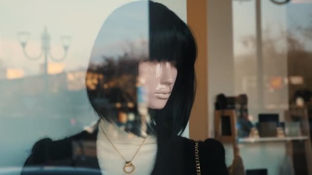 Manequim Uma Mulher Pele Clara Com Cabelo Preto Close Manequim — Vídeo de Stock