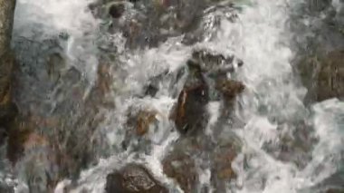 Deresi, deresi ya da küçük ve hızlı bir dağ nehri ve kristal berrak akan su. Yakın plan. Üst Manzara. Kaynak, kaynak suyu. Yaz günü. Su taşların üzerinden akar, dağlarda, dağlarda.