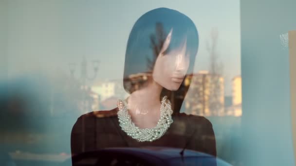 Mannequin Fair Skinned Woman Black Hair Close Shot Mannequin Glass — Stock Video