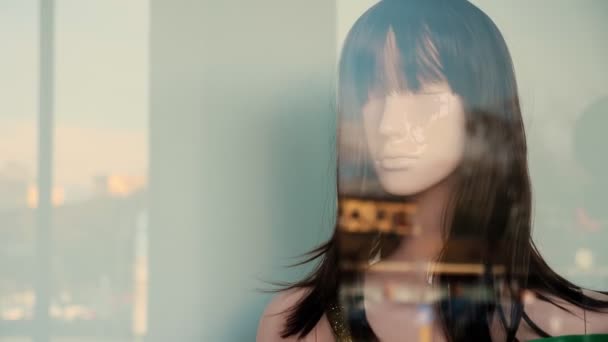 Die Schaufensterpuppe Ist Eine Hellhäutige Frau Mit Schwarzen Haaren Einer — Stockvideo