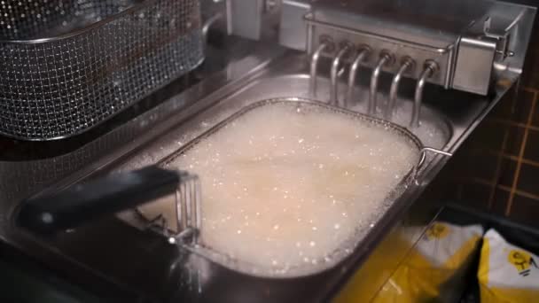 Pizzacıda Kızgın Yağlı Kızartma Makinesi Lezzetli Patates Kızartmaları Mutfaktaki Fritözde — Stok video