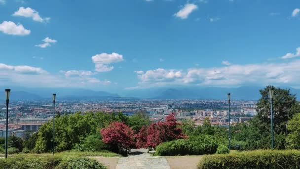Turín Torino Panorama Alpami Pozadí Itálie Piemonte Vysoce Kvalitní Záběry — Stock video