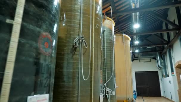 ワイナリー ワイン ヴォルト ワイン発酵のための大型タンク サイロ ワイン造りの工場でワインの発酵のための大きい樽 ワイナリー ワイン生産設備 — ストック動画