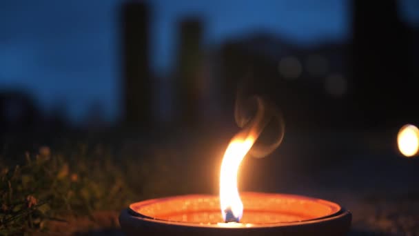Candle Burning Ground Night Garden Park Castle Soft Selective Focus — Stock Video