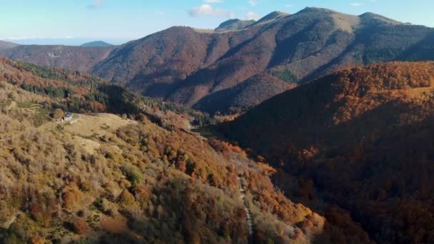Letecký Pohled Alpách Itálie Podzimní Horská Krajina Kde Listy Stromů — Stock video