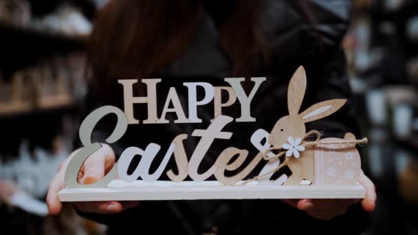Easter Sale Close Female Hands Holding Wooden Decoration Inscription Happy — Stock Video