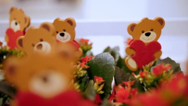 Valentinstag Nahaufnahme Viele Dekorative Teddybärspielzeuge Einem Blumentopf Mit Blumen Als — Stockvideo