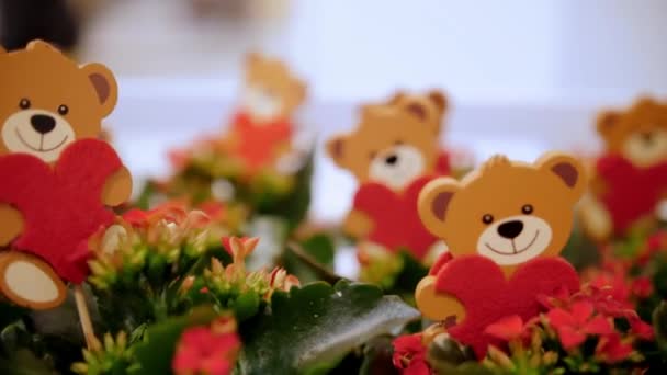 Dia Dos Namorados Close Muitos Brinquedos Ursinho Pelúcia Decorativos Vaso — Vídeo de Stock