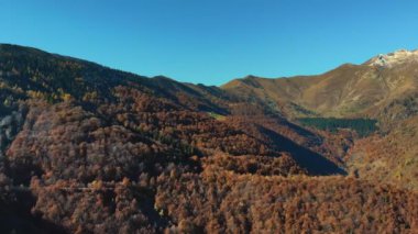 İtalya, Alpler 'de hava manzarası. Ağacın yapraklarının kırmızı, turuncu ve sarı tonlarını sergilediği sonbahar dağ manzarası. Yüksek kalite 4k görüntü