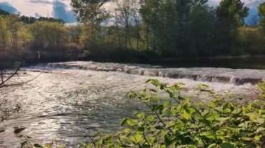 Yükselen bir şelale ve parlak bir gökyüzünün altında gelişen yeşil yapraklarla çevrili sakin bir nehir manzarası. Tasarım ve baskılarda sakin doğal ayarlar için ideal
