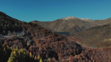 İtalya, Alpler 'de hava manzarası. Ağacın yapraklarının kırmızı, turuncu ve sarı tonlarını sergilediği sonbahar dağ manzarası. Yüksek kalite 4k görüntü