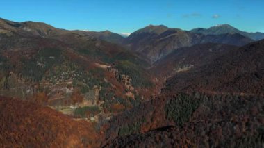 İtalya, Alpler 'de hava manzarası. Ağacın yapraklarının kırmızı, turuncu ve sarı tonlarını sergilediği sonbahar dağ manzarası. Yüksek kalite 4k görüntü