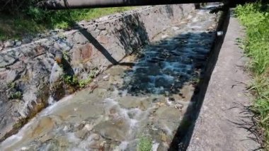 Berrak bir dağ deresi beton bir köprünün altındaki kayaların üzerinde dalgalanır, yemyeşil ve ılık bir yaz gününde güneş ışığıyla çevrilidir.