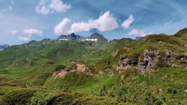 Yazın, yemyeşil çayırlar ve berrak mavi gökyüzünün altındaki görkemli dağ zirvelerinin sergilendiği büyüleyici bir dağ manzarası.