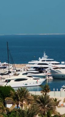 DUBAI, BİRLİK ARAB EMIRATES, BAE - 10 Mayıs 2017: Burj al Arab Oteli yakınlarındaki marina, birçok güzel demirlemiş yat vardır..