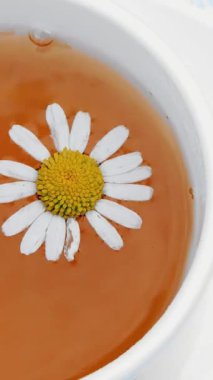 Beyaz fincanda çay, üstünde papatya çiçeği yüzüyor.