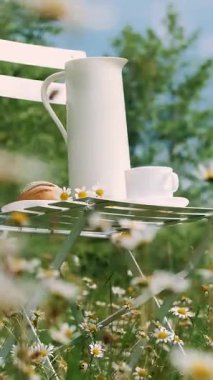 Papatya arasında çim, mavi gökyüzü beyaz bir sandalyem. Üzerinde bir beyaz beyaz bir sürahi bir kompozisyon fincan çay, bir toplu iş ve chamomiles bir buket ile.