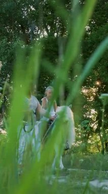 Kızı midilliye biniyor, annesi midilliyi dizginliyor. Neşeli, mutlu aile tatili. Açık havada, yazın, ormanın yakınında. Anne ve kızı tarlada yürüyorlar..