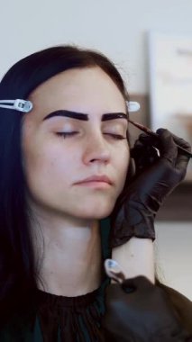 Genç bayana kaş düzeltme prosedürü uygulanacak. Kaş sanatçısı güzellik salonunda boyayı kaş üstüne fırçayla uygular. Profesyonel yüz bakımı.