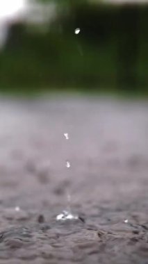 Yağmur, su birikintileri. Yağmur yağıyor. Su damlaları. Yağmur fırtınası. Şiddetli yağmur damlaları, yağmur fırtınası sırasında su birikintilerine ve kabarcıklara düşer. Yakın plan. Şiddetli yağmur yağıyor..